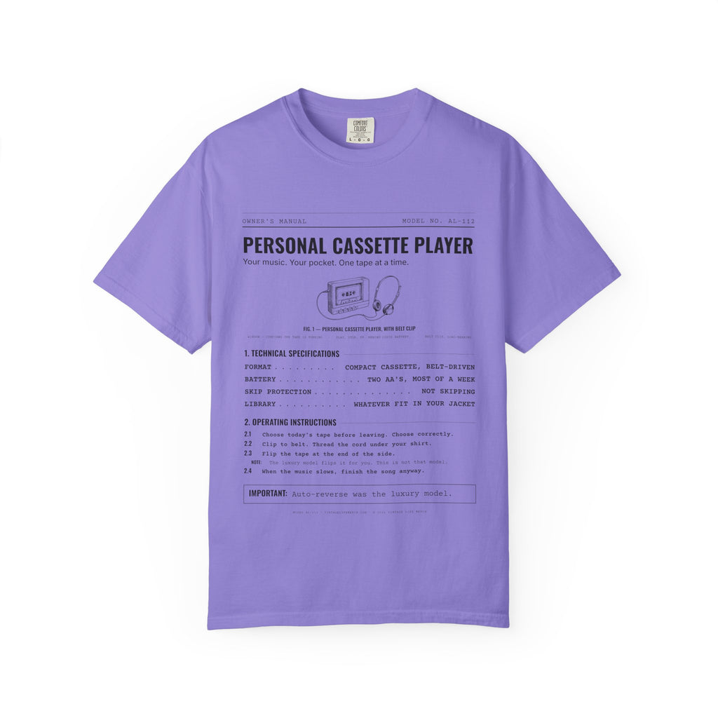 Personal Cassette Player Spec Sheet Shirt | Analog Life Vintage Tee in Violet