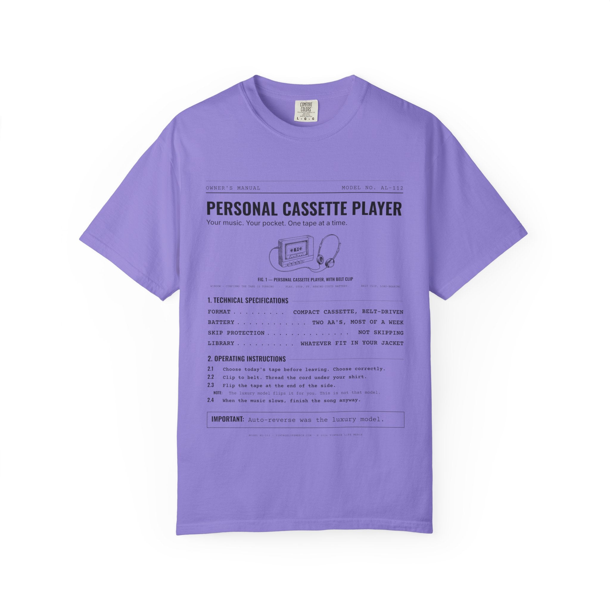 Personal Cassette Player Spec Sheet Shirt | Analog Life Vintage Tee in Violet