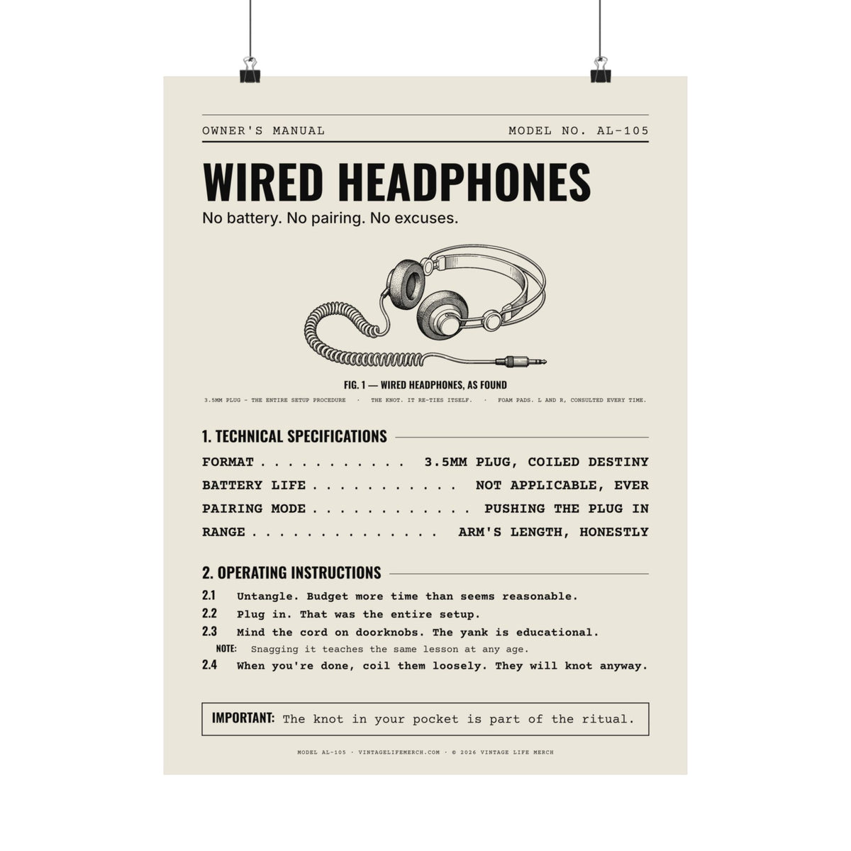 Wired Headphones Owner's Manual Poster | Retro Analog Life Wall Art in 18″ x 24″