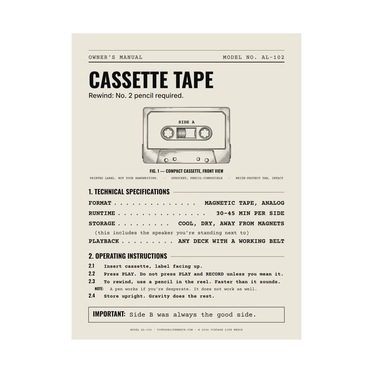 Cassette Tape Owner's Manual Poster | Retro Analog Life Wall Art