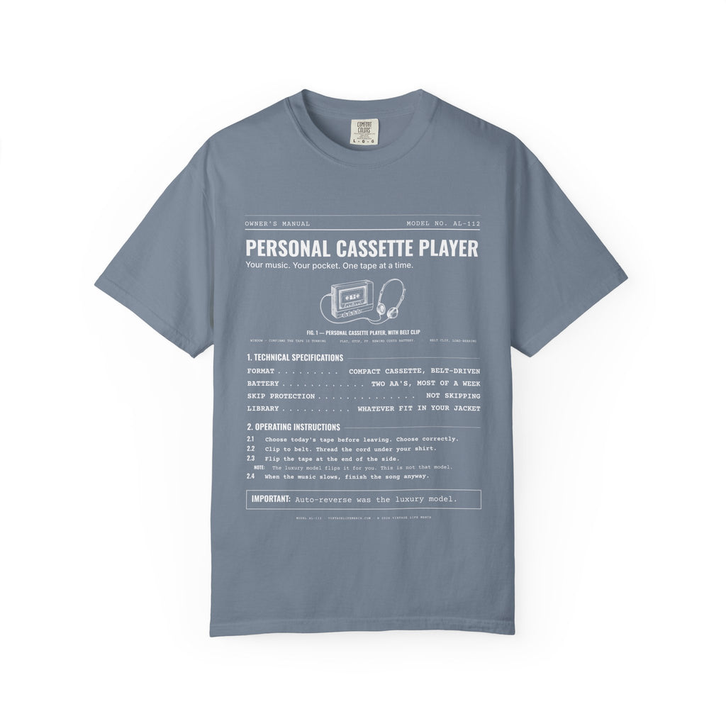 Personal Cassette Player Spec Sheet Shirt | Analog Life Vintage Tee in Blue Jean