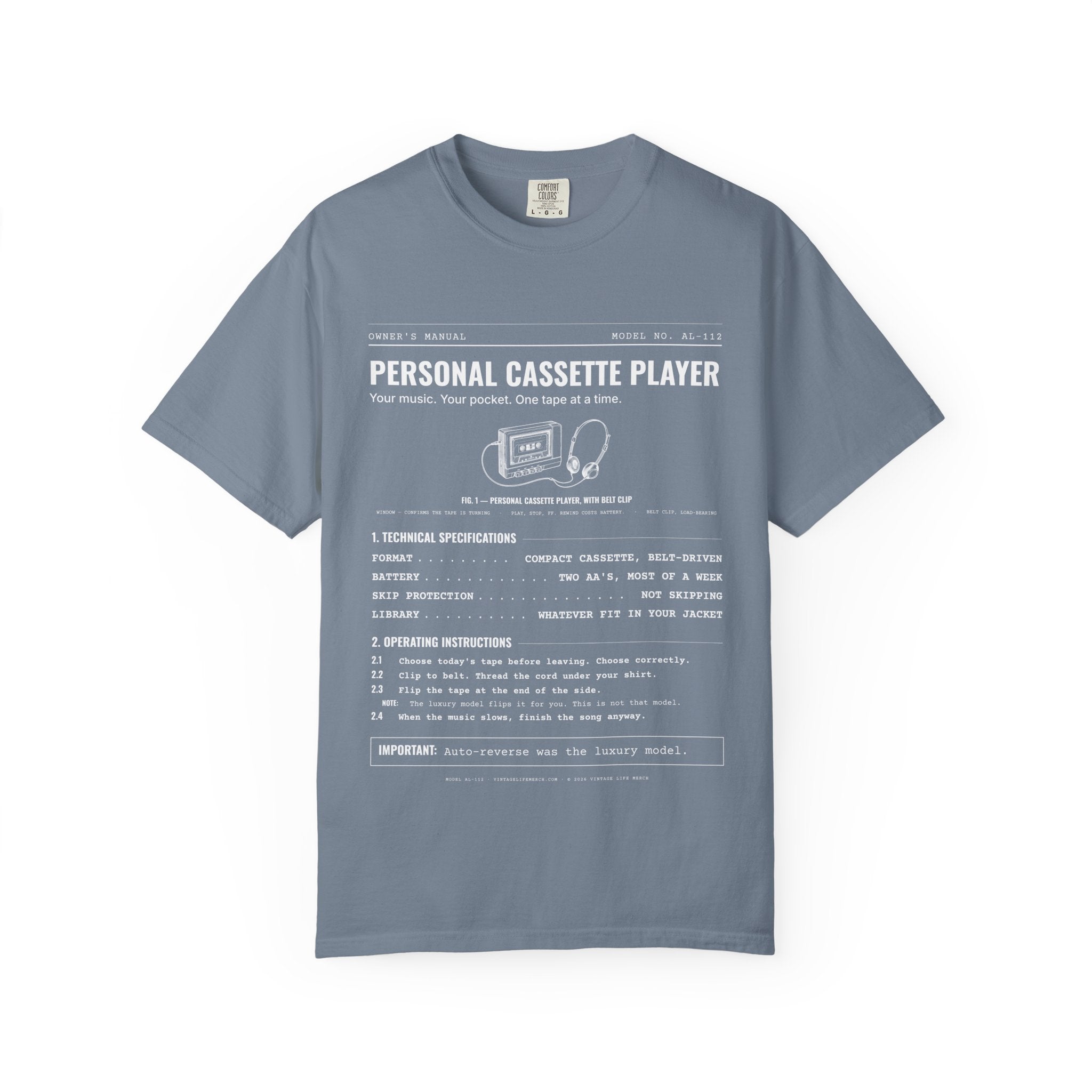 Personal Cassette Player Spec Sheet Shirt | Analog Life Vintage Tee in Blue Jean