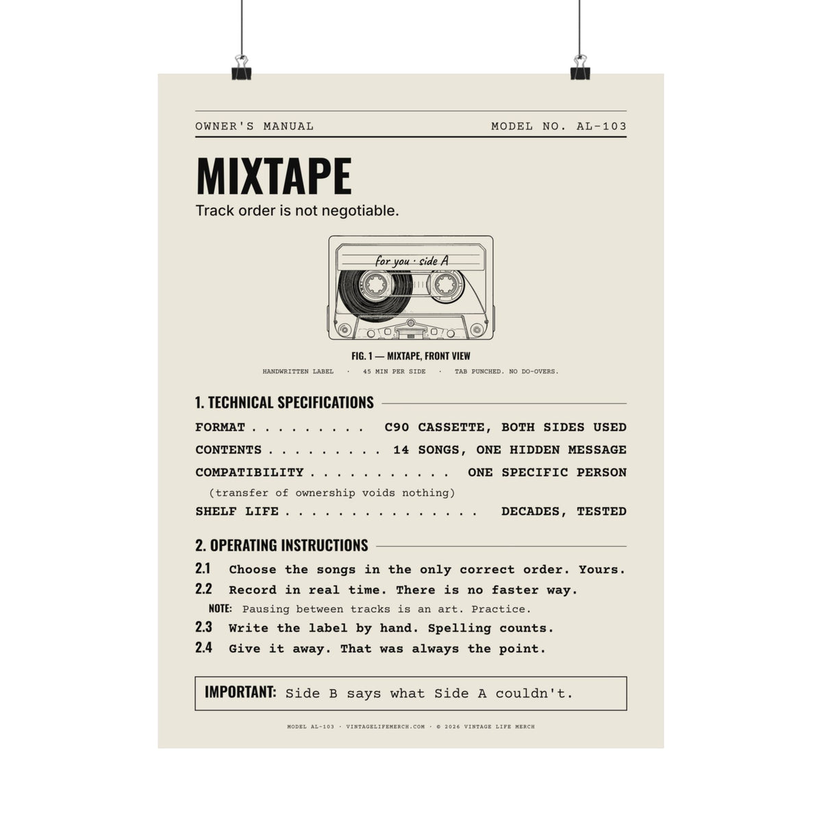 Mixtape Owner's Manual Poster | Retro Analog Life Wall Art in 18″ x 24″