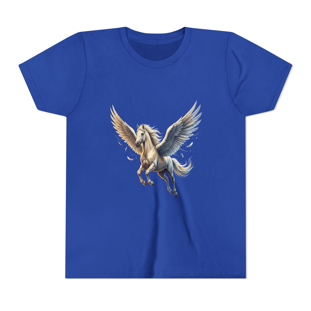 Majestic Pegasus Illustration Youth Tee | Flying Horse Graphic Tee in True Royal