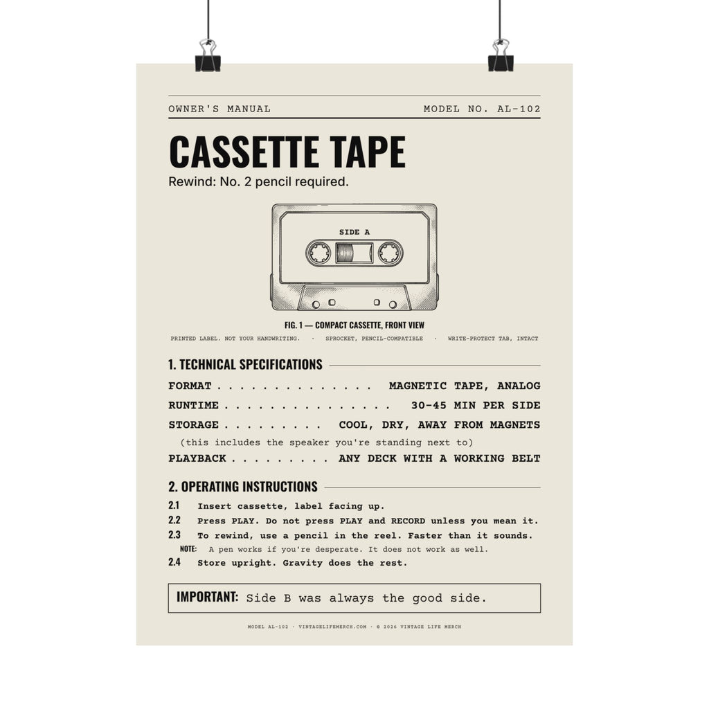 Cassette Tape Owner's Manual Poster | Retro Analog Life Wall Art in 12" x 16"