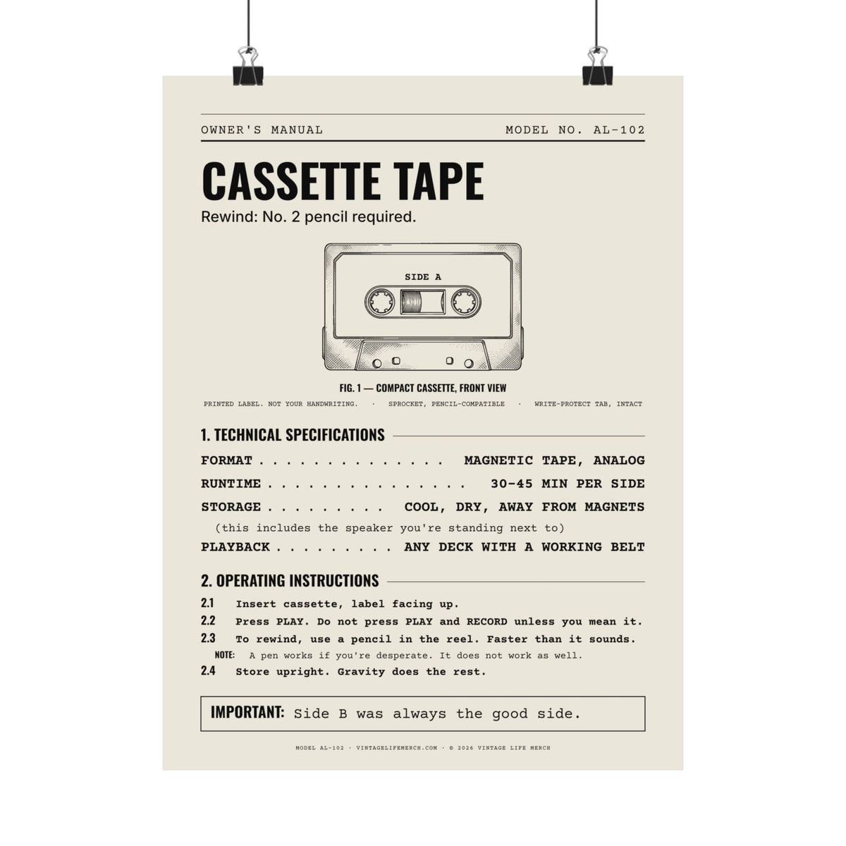 Cassette Tape Owner's Manual Poster | Retro Analog Life Wall Art in 12" x 16"
