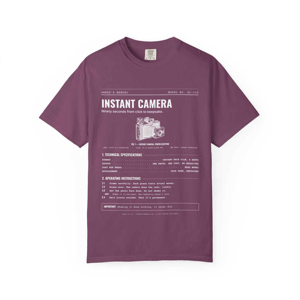 Instant Camera Spec Sheet Shirt | Analog Life Vintage Tee in Berry