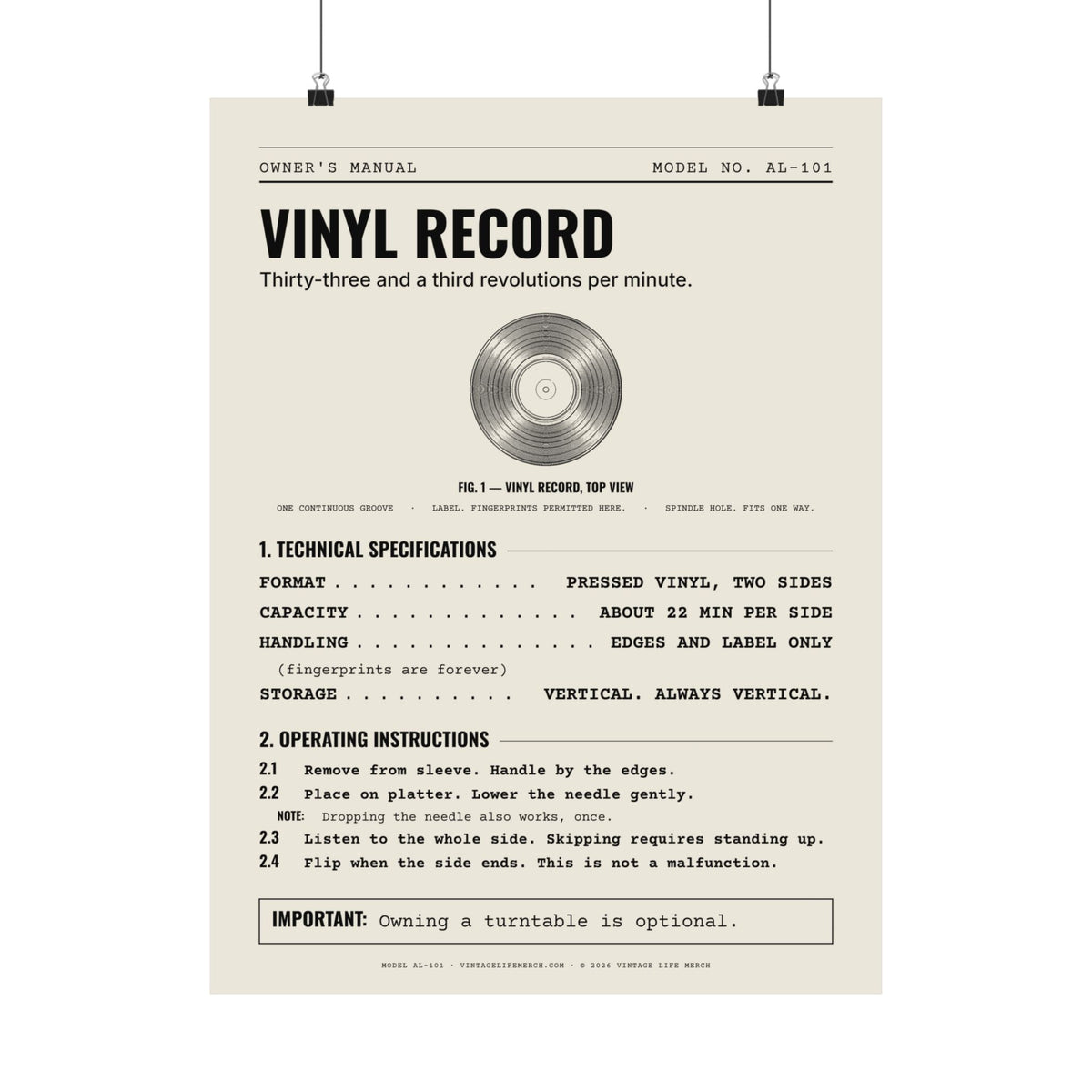 Vinyl Record Owner's Manual Poster | Retro Analog Life Wall Art in 18″ x 24″