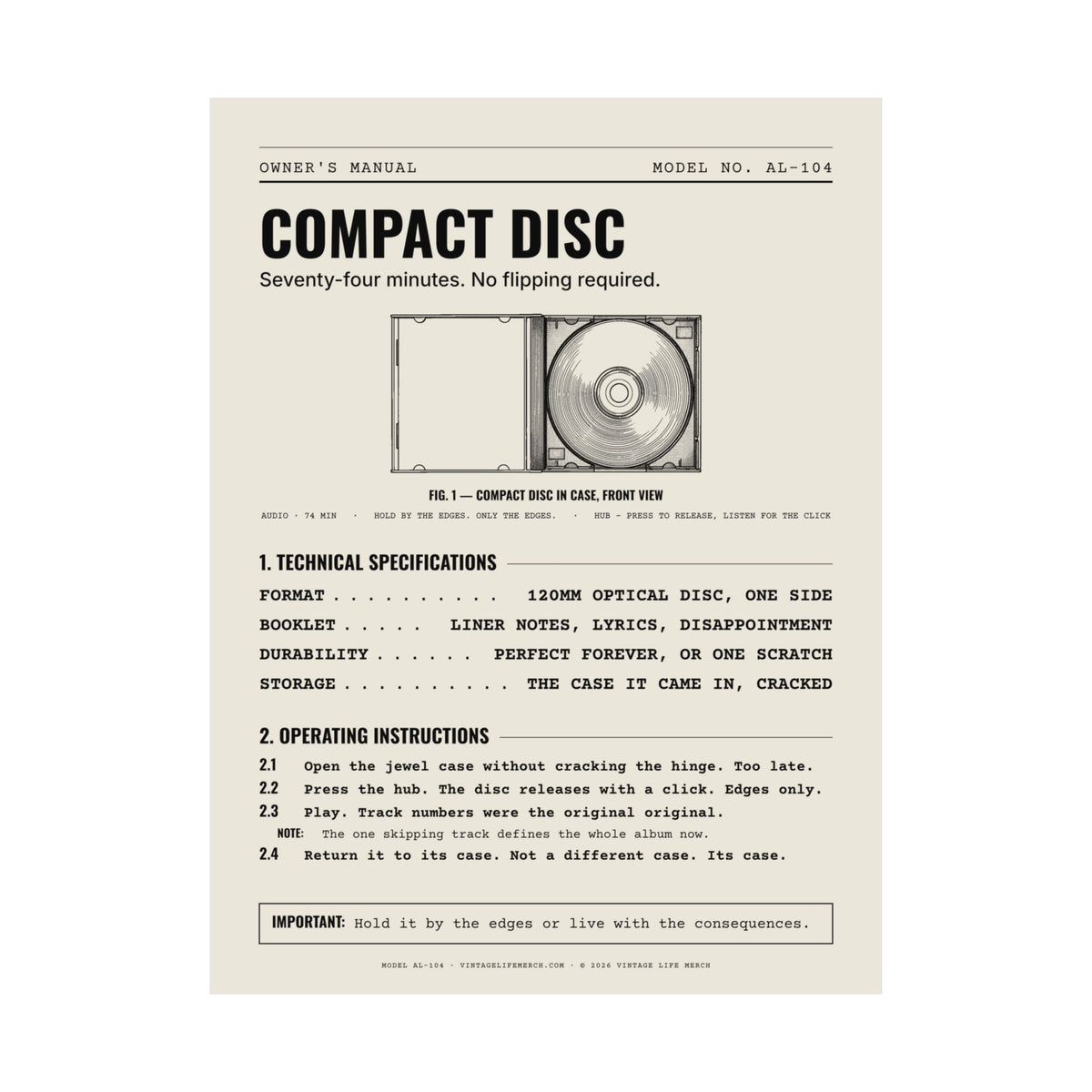 Compact Disc Owner's Manual Poster | Retro Analog Life Wall Art