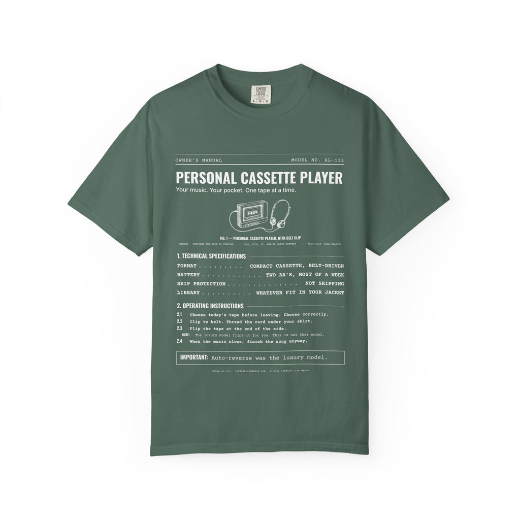 Personal Cassette Player Spec Sheet Shirt | Analog Life Vintage Tee in Blue Spruce