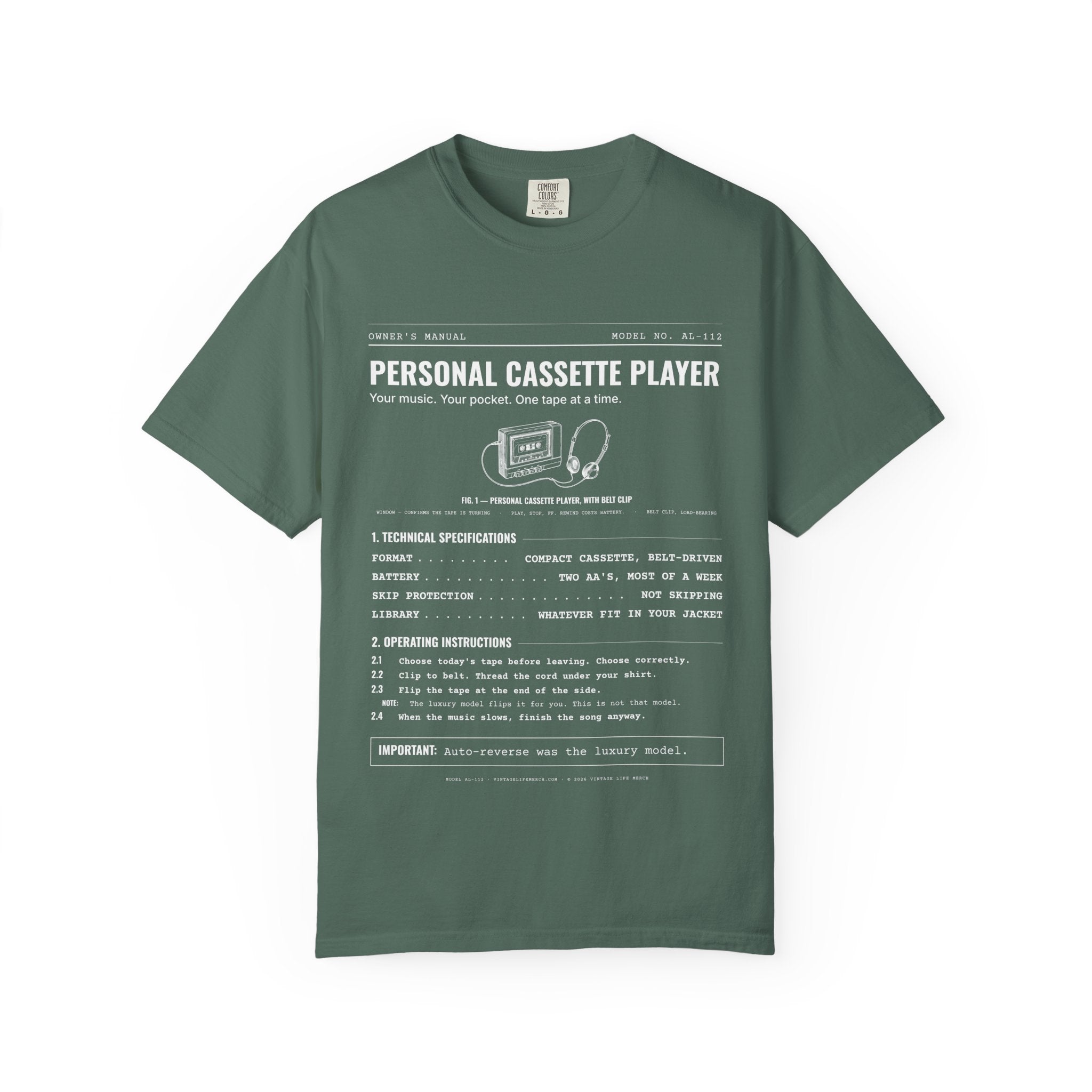 Personal Cassette Player Spec Sheet Shirt | Analog Life Vintage Tee in Blue Spruce