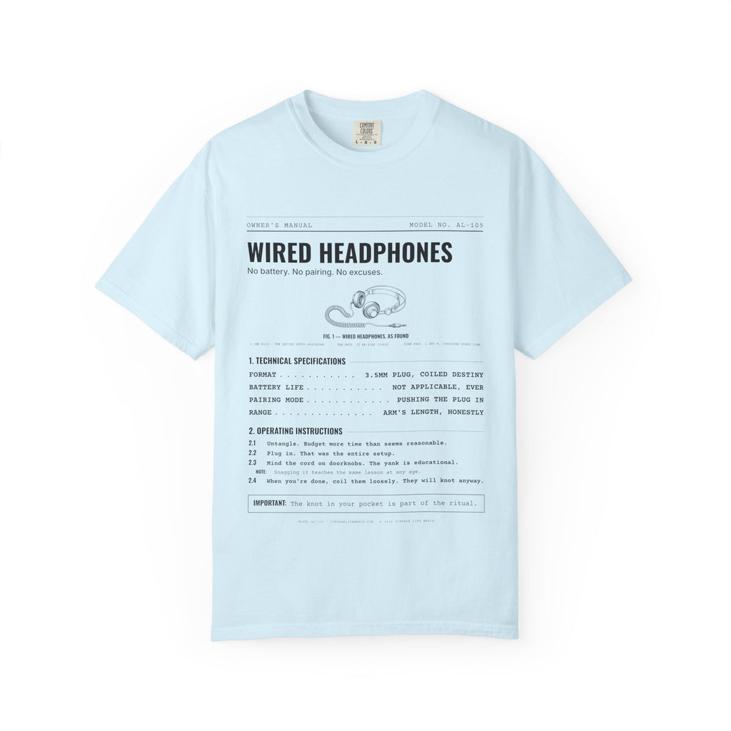 Wired Headphones Spec Sheet Shirt | Analog Life Vintage Tee in Chambray