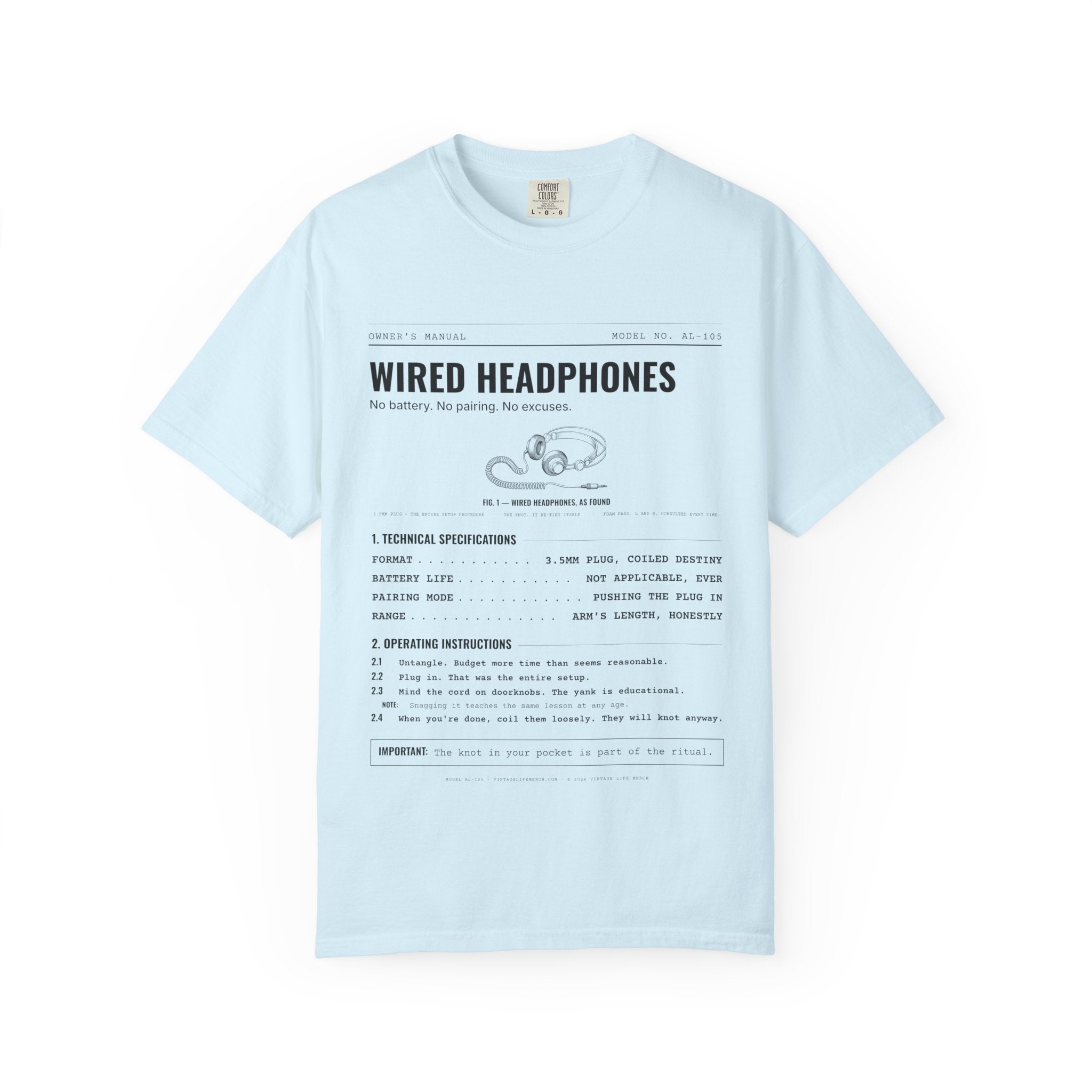 Wired Headphones Spec Sheet Shirt | Analog Life Vintage Tee in Chambray