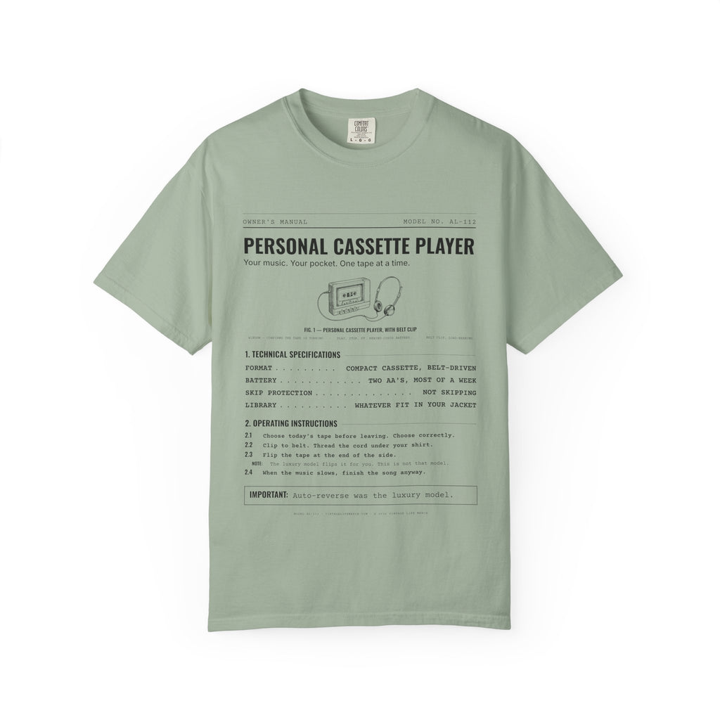 Personal Cassette Player Spec Sheet Shirt | Analog Life Vintage Tee in Bay