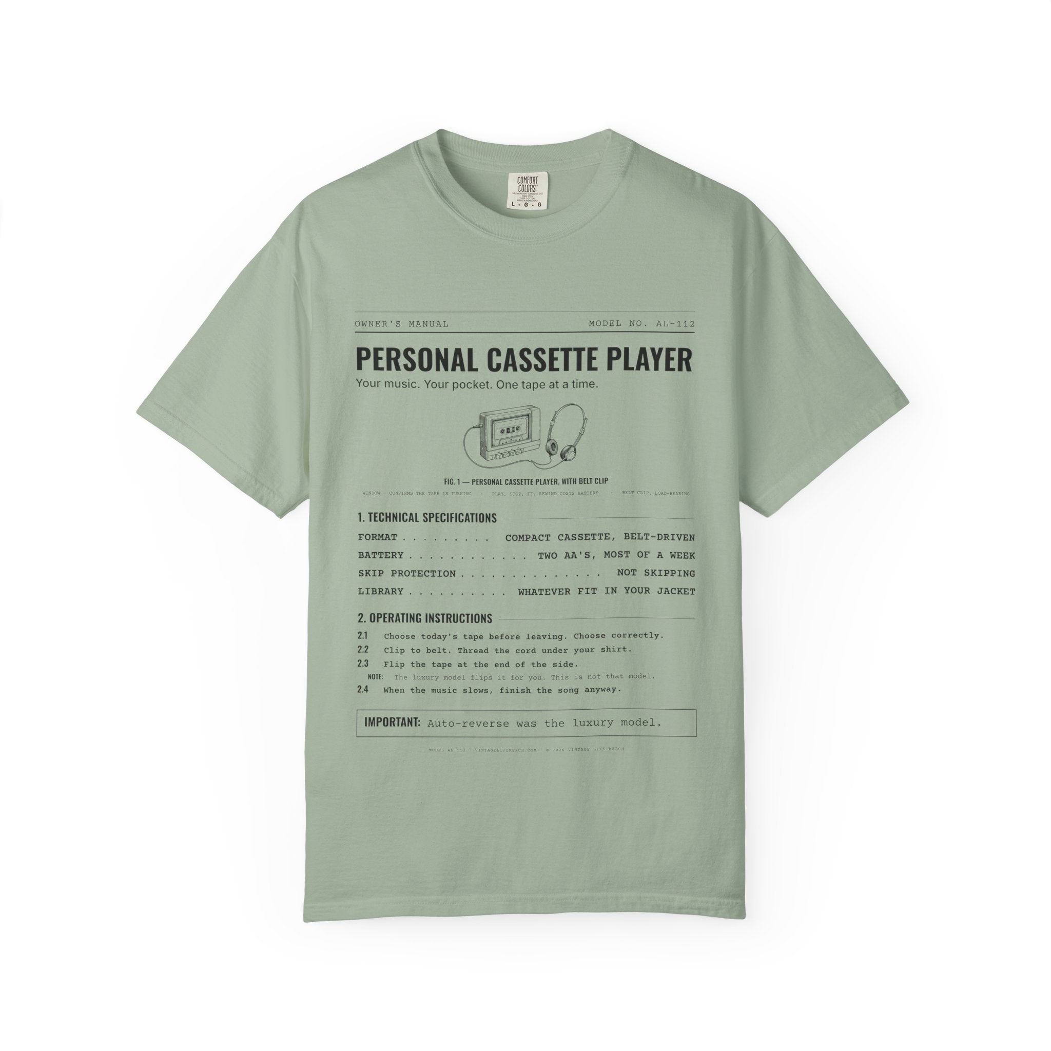 Personal Cassette Player Spec Sheet Shirt | Analog Life Vintage Tee in Bay