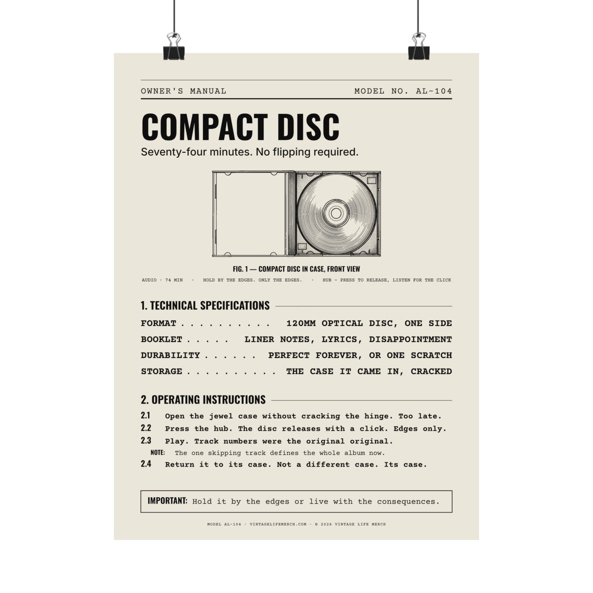 Compact Disc Owner's Manual Poster | Retro Analog Life Wall Art in 12" x 16"