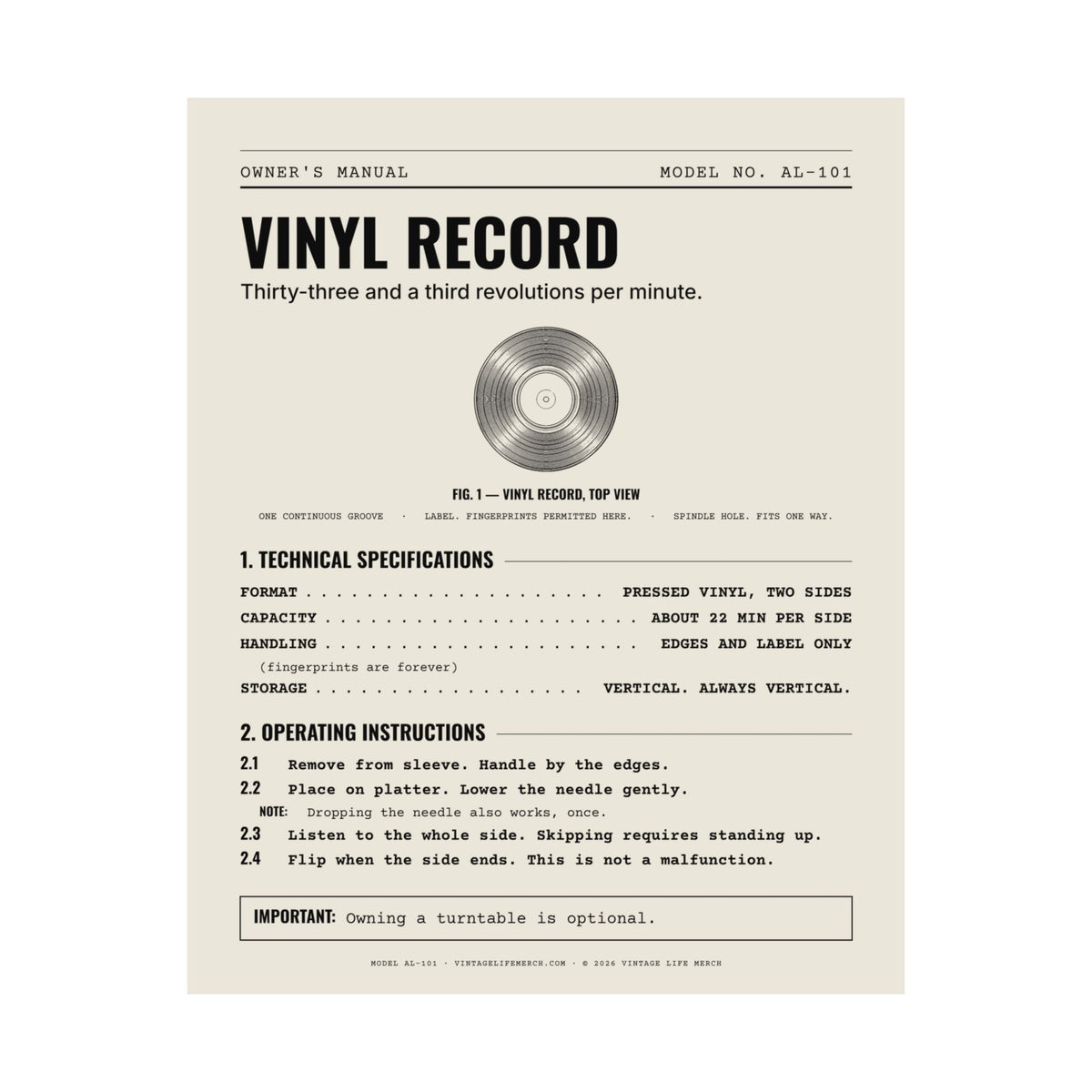Vinyl Record Owner's Manual Poster | Retro Analog Life Wall Art
