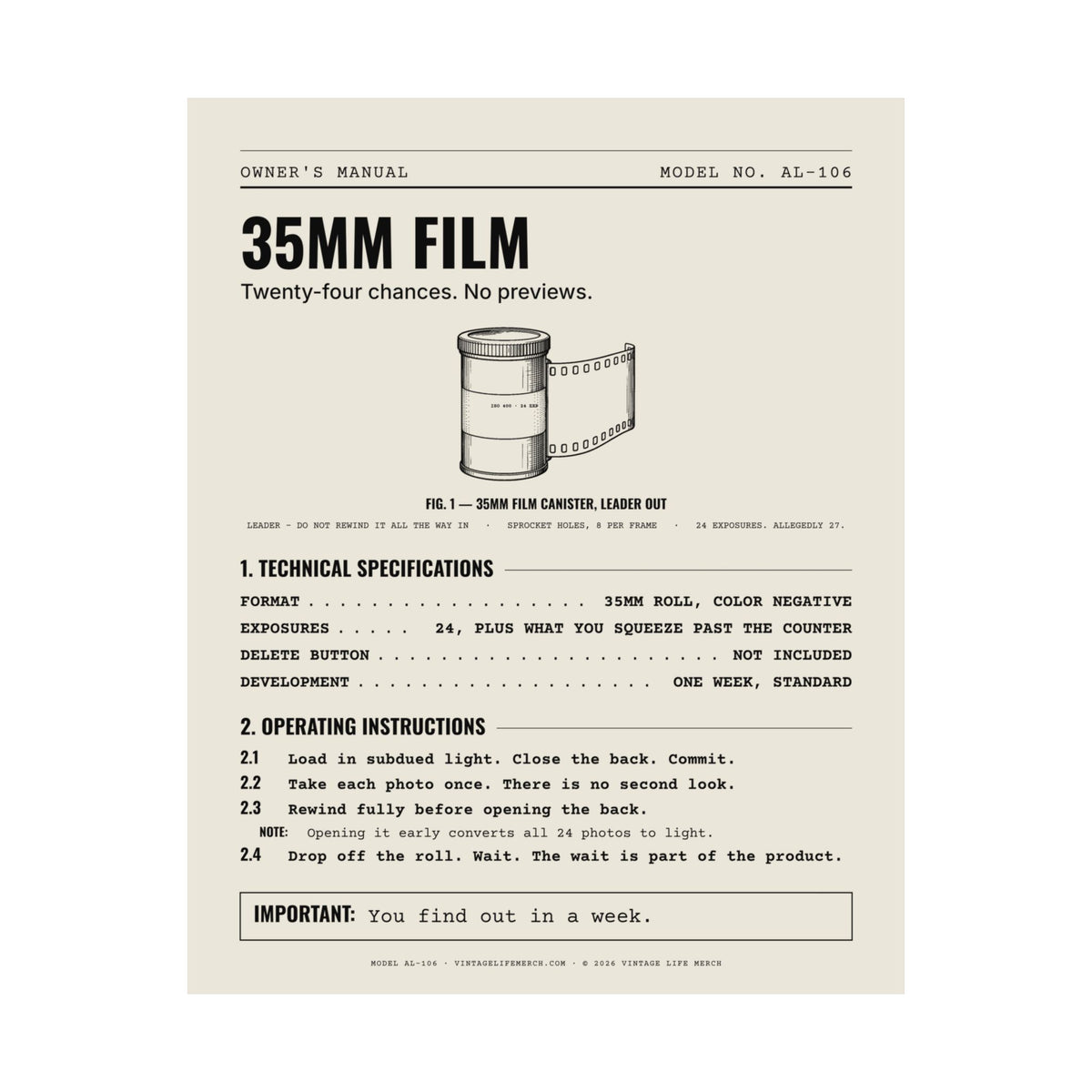 35mm Film Owner's Manual Poster | Retro Analog Life Wall Art
