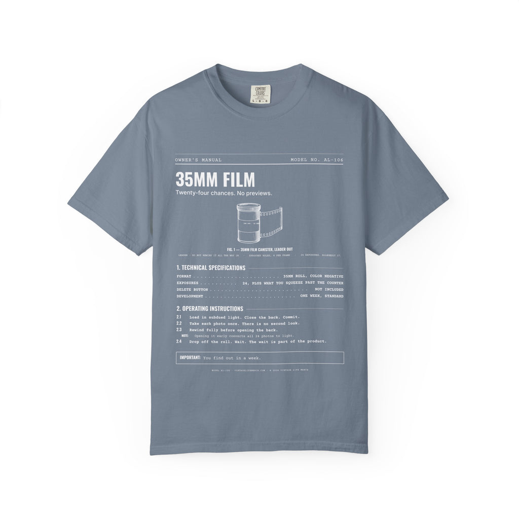 35mm Film Spec Sheet Shirt | Analog Life Vintage Tee in Blue Jean