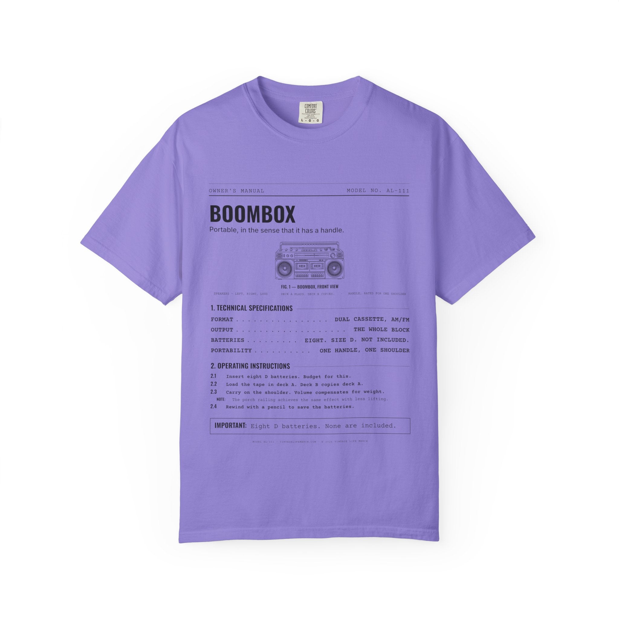 Boombox Spec Sheet Shirt | Analog Life Vintage Tee in Violet