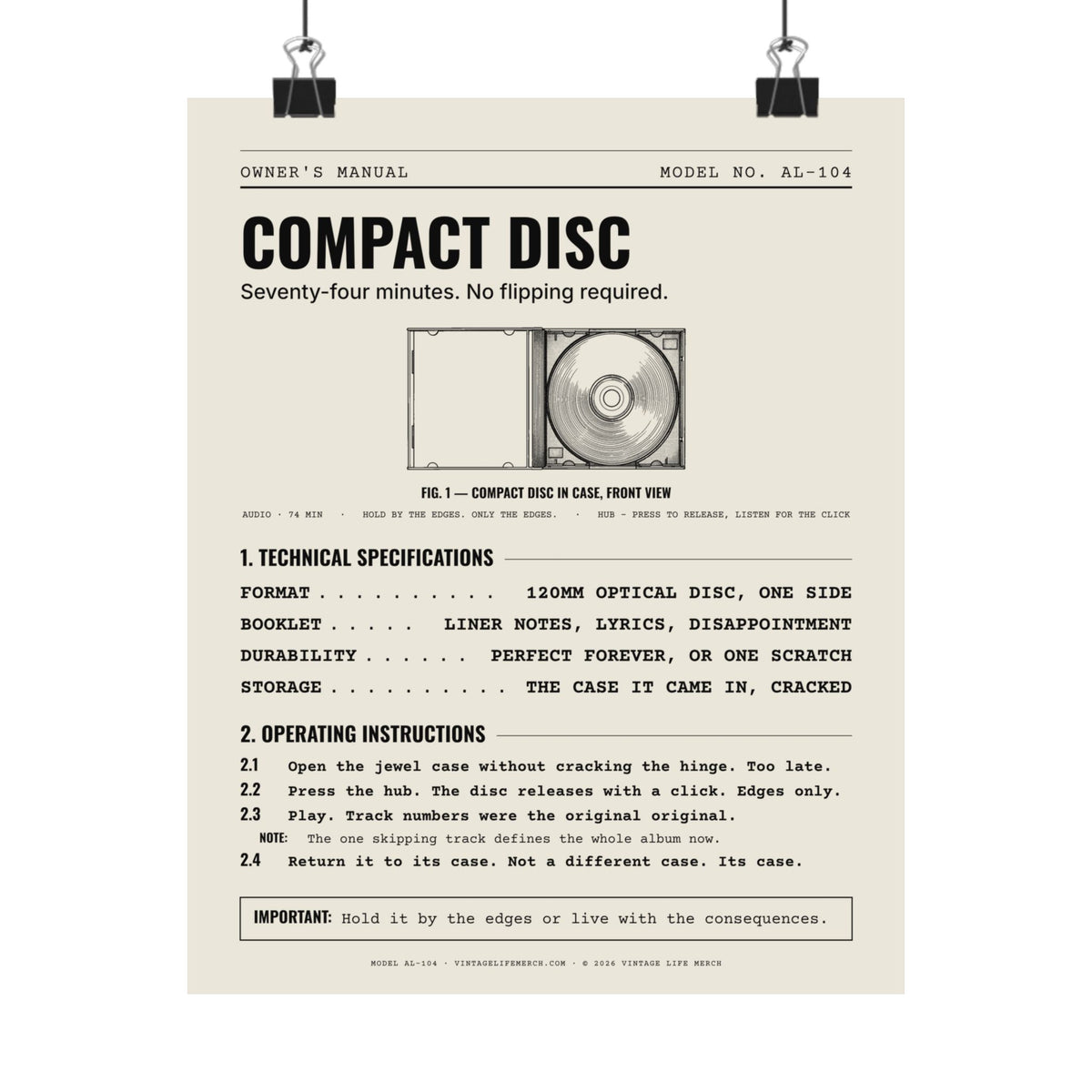 Compact Disc Owner's Manual Poster | Retro Analog Life Wall Art in 8" x 10"