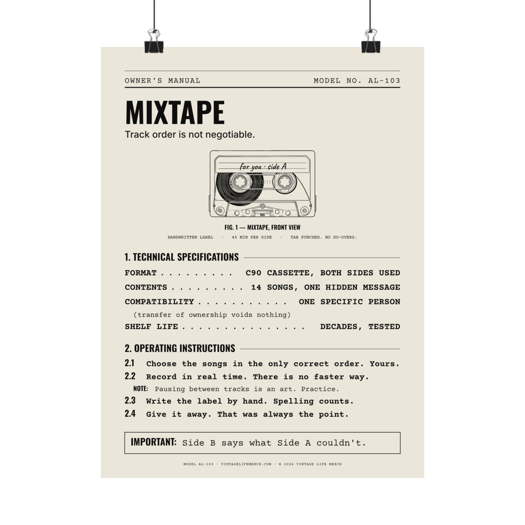 Mixtape Owner's Manual Poster | Retro Analog Life Wall Art in 12" x 16"