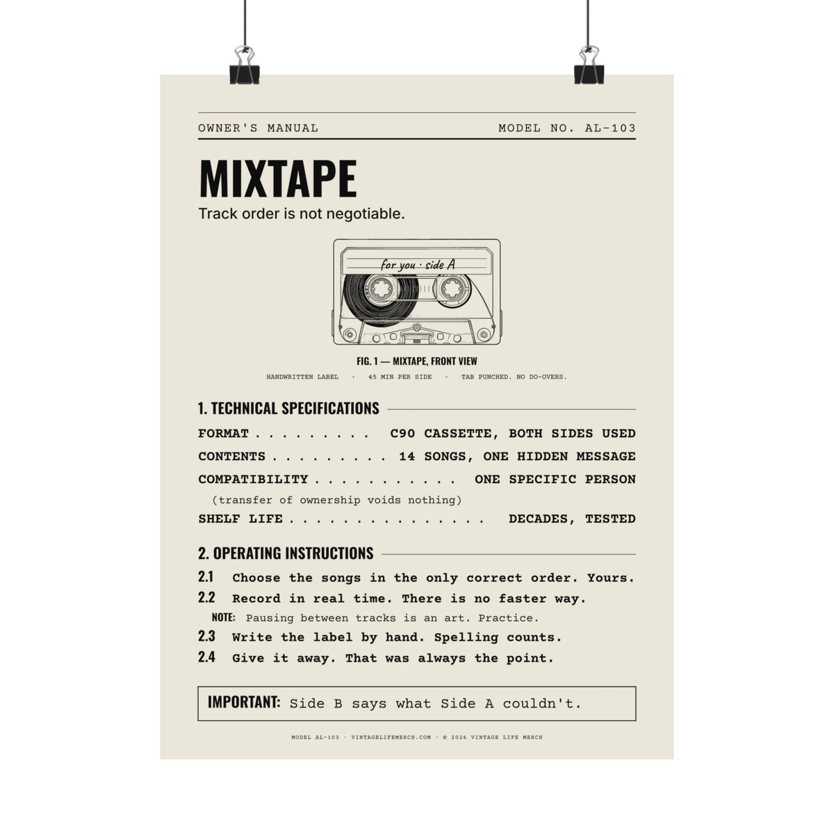 Mixtape Owner's Manual Poster | Retro Analog Life Wall Art in 12" x 16"