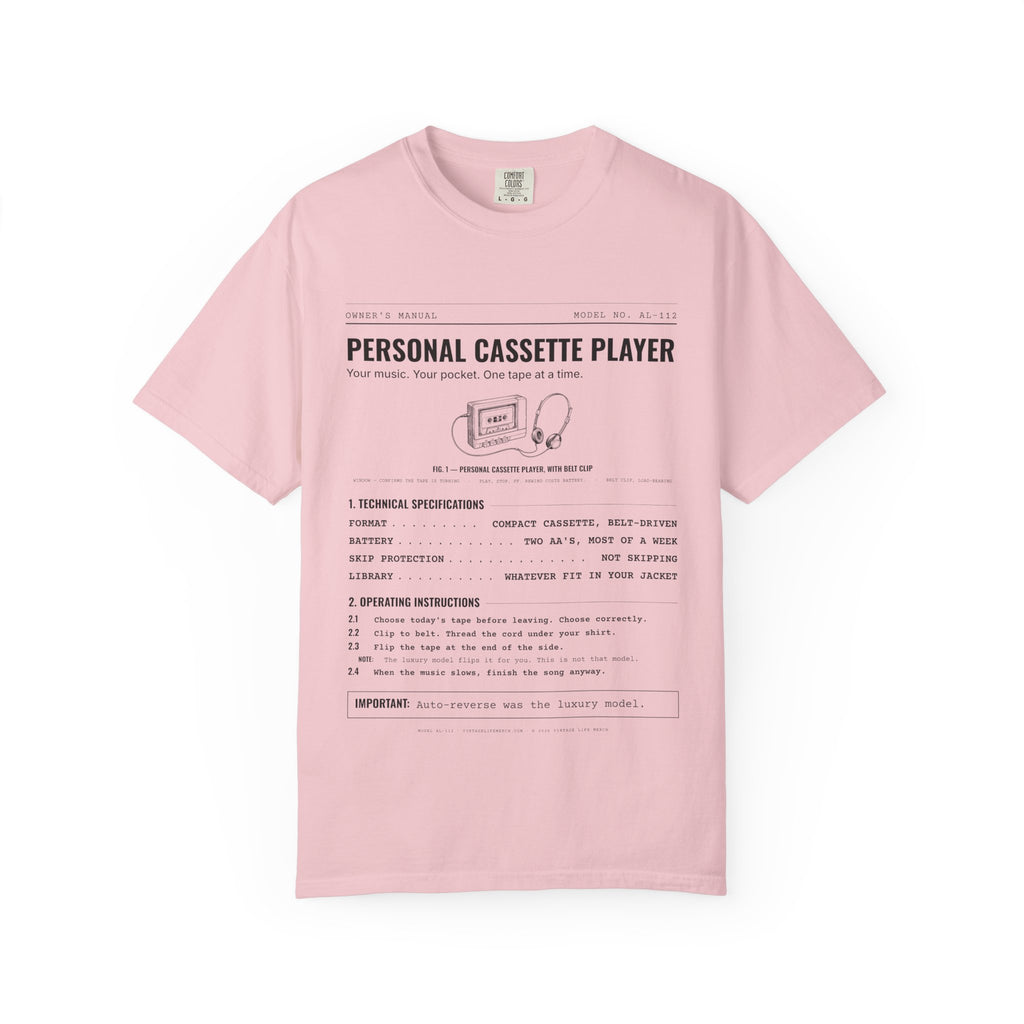 Personal Cassette Player Spec Sheet Shirt | Analog Life Vintage Tee in Blossom