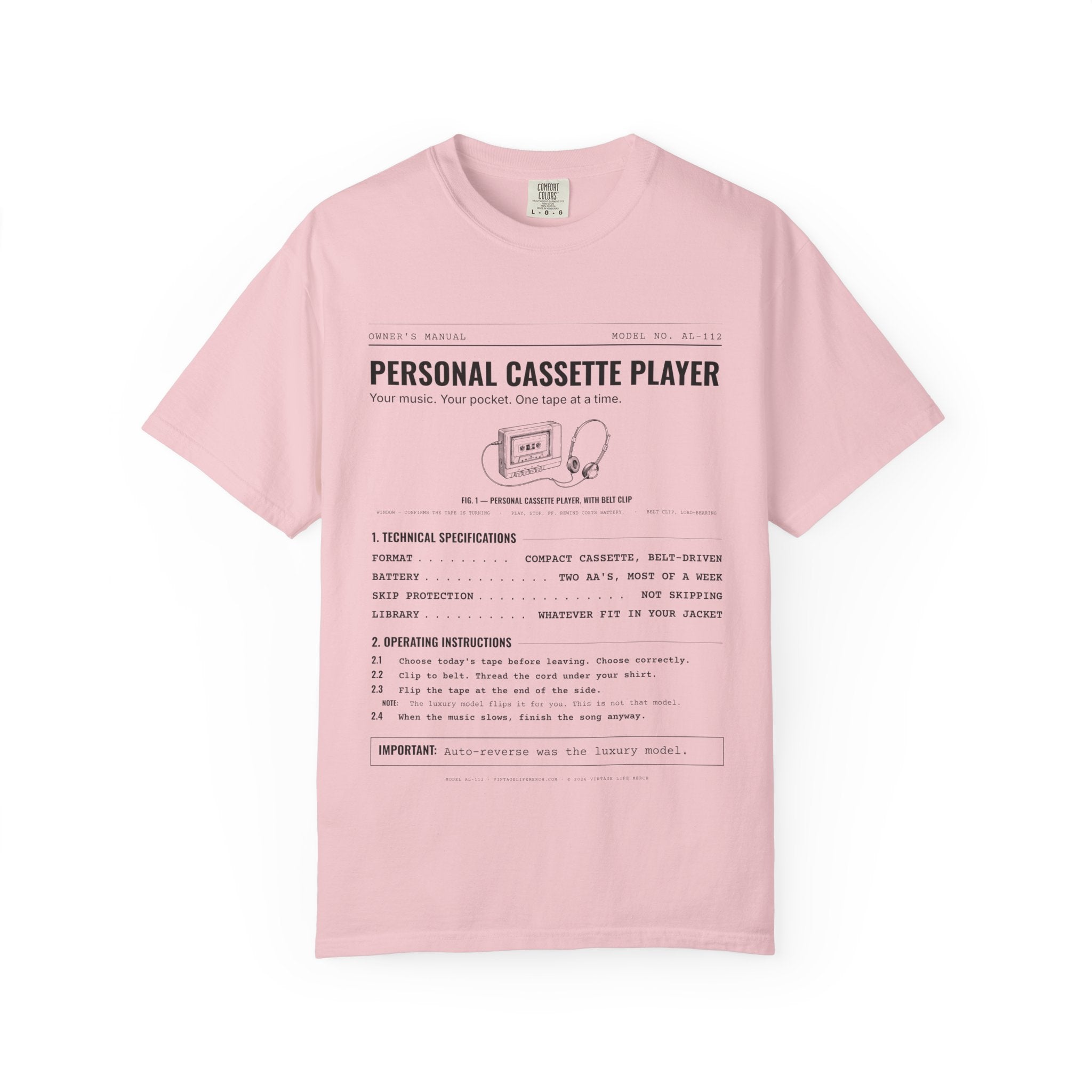 Personal Cassette Player Spec Sheet Shirt | Analog Life Vintage Tee in Blossom