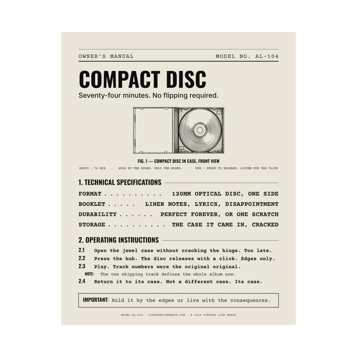 Compact Disc Owner's Manual Poster | Retro Analog Life Wall Art