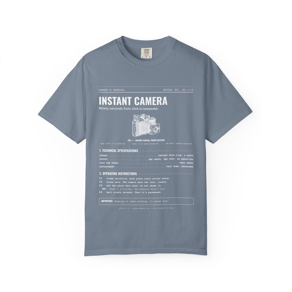 Instant Camera Spec Sheet Shirt | Analog Life Vintage Tee in Blue Jean