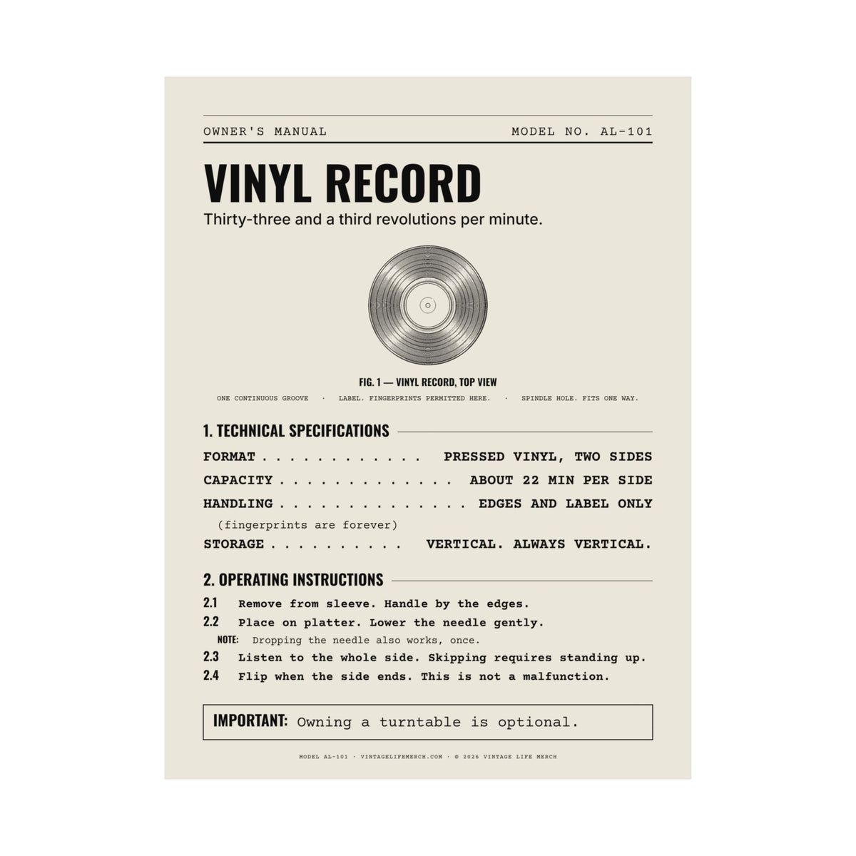 Vinyl Record Owner's Manual Poster | Retro Analog Life Wall Art