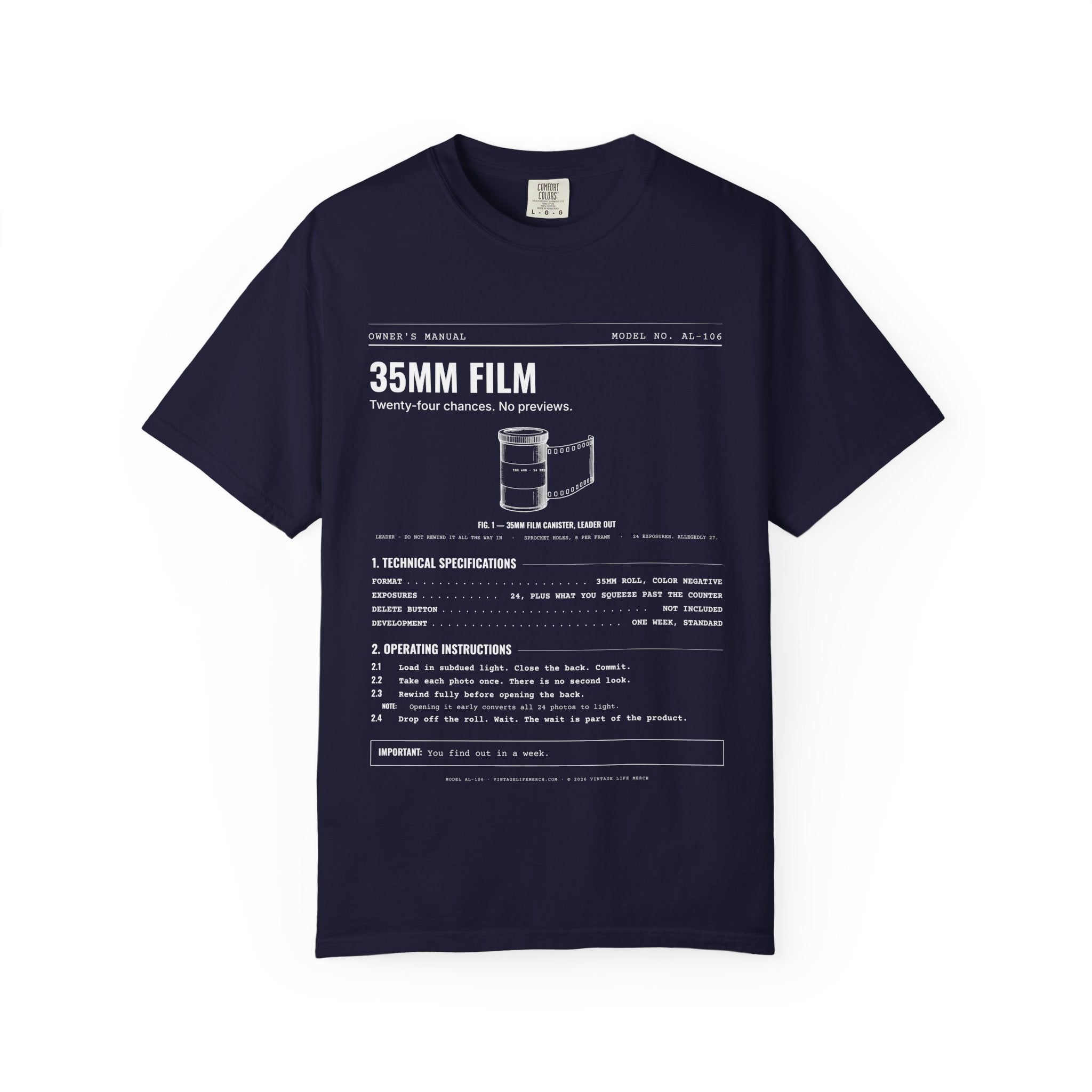 35mm Film Spec Sheet Shirt | Analog Life Vintage Tee in True Navy