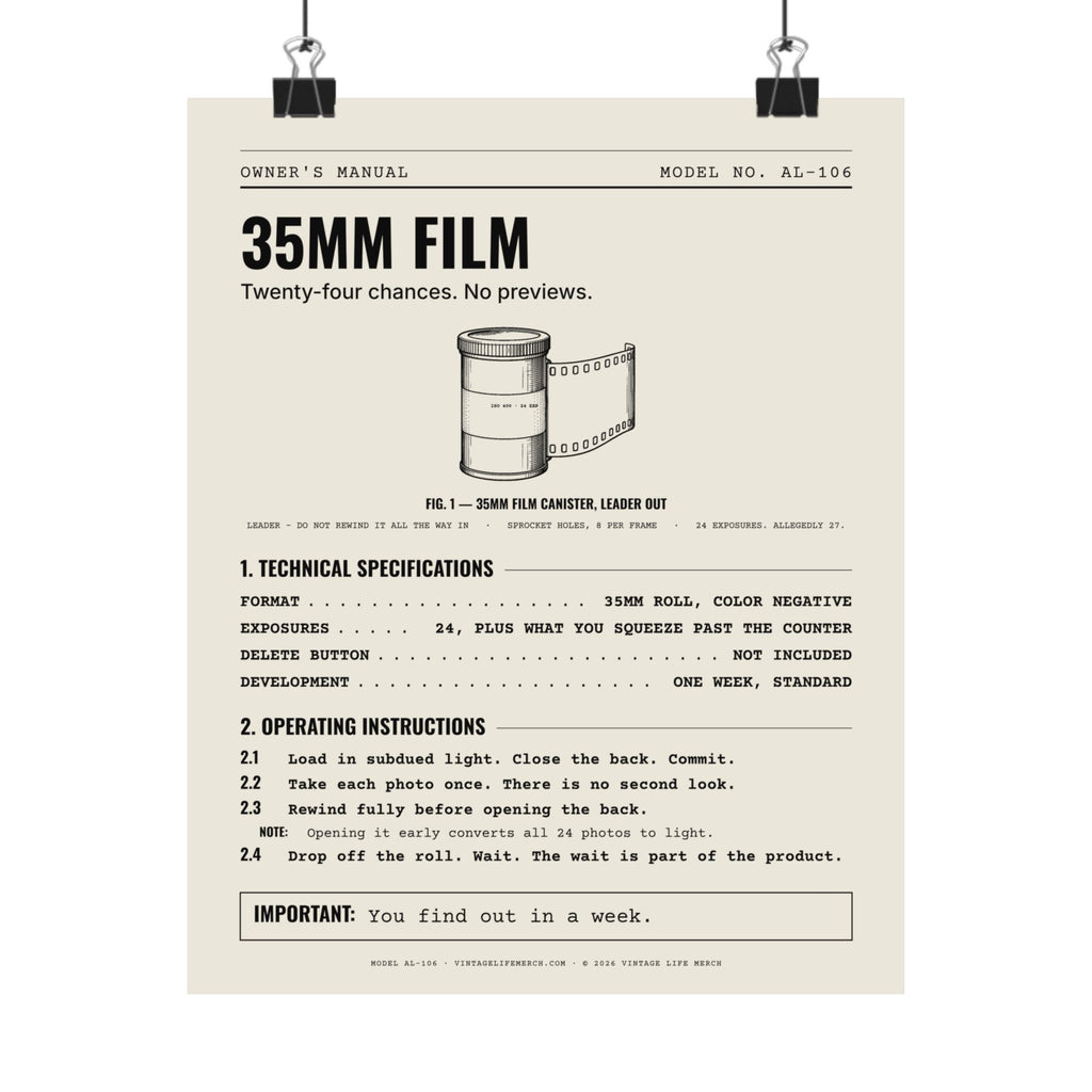 35mm Film Owner's Manual Poster | Retro Analog Life Wall Art in 8" x 10"