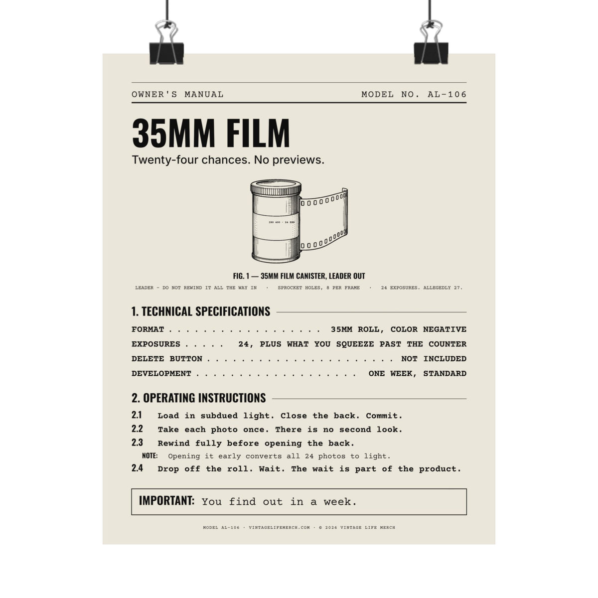 35mm Film Owner's Manual Poster | Retro Analog Life Wall Art in 8" x 10"