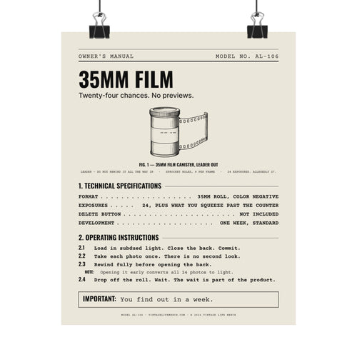 35mm Film Owner's Manual Poster | Retro Analog Life Wall Art in 8" x 10"