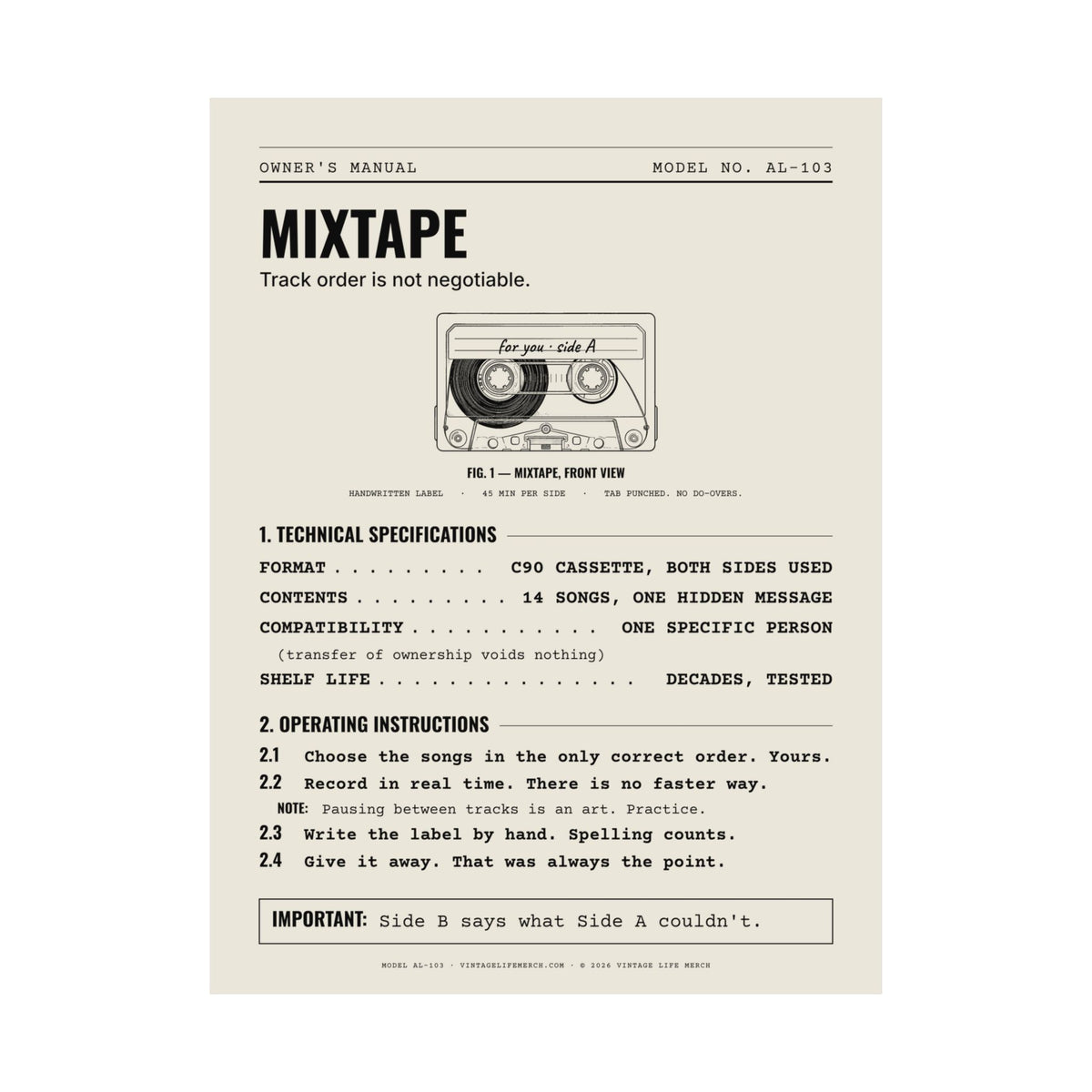 Mixtape Owner's Manual Poster | Retro Analog Life Wall Art