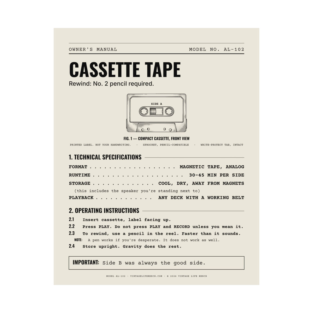 Cassette Tape Owner's Manual Poster | Retro Analog Life Wall Art