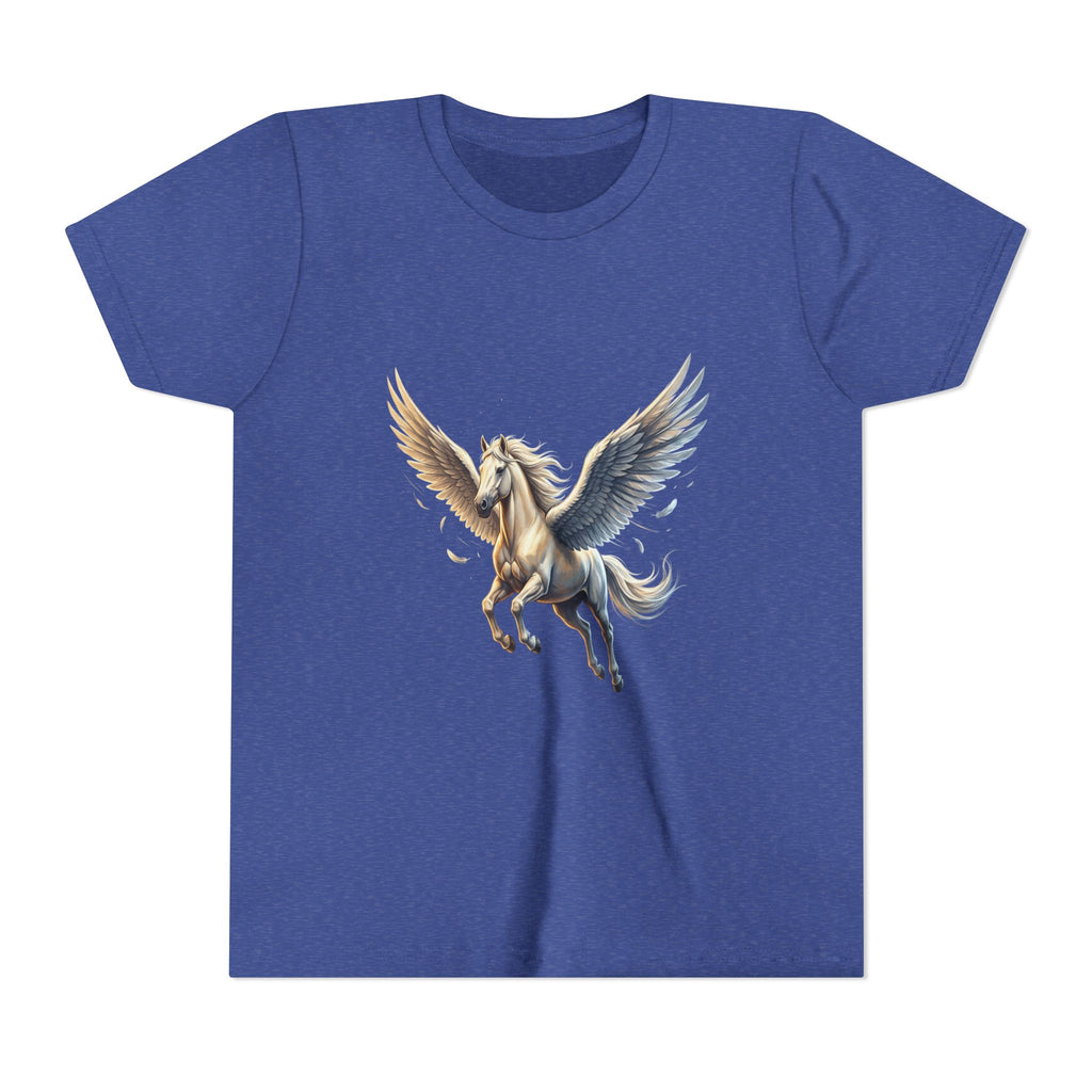 Majestic Pegasus Illustration Youth Tee | Flying Horse Graphic Tee in Heather True Royal