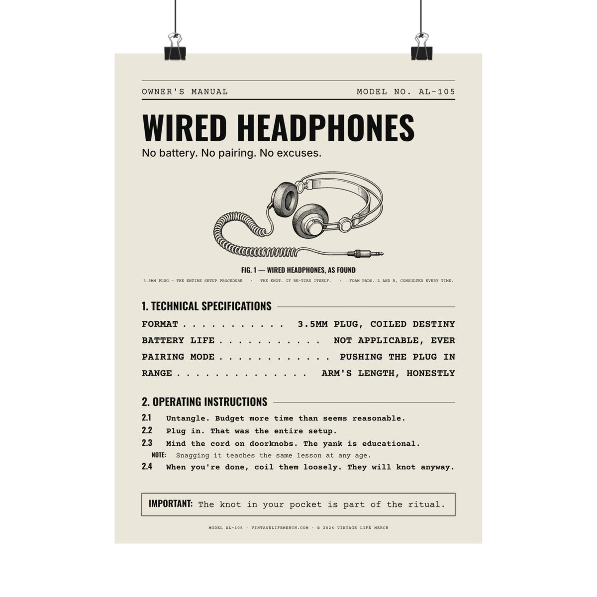 Wired Headphones Owner's Manual Poster | Retro Analog Life Wall Art in 12" x 16"