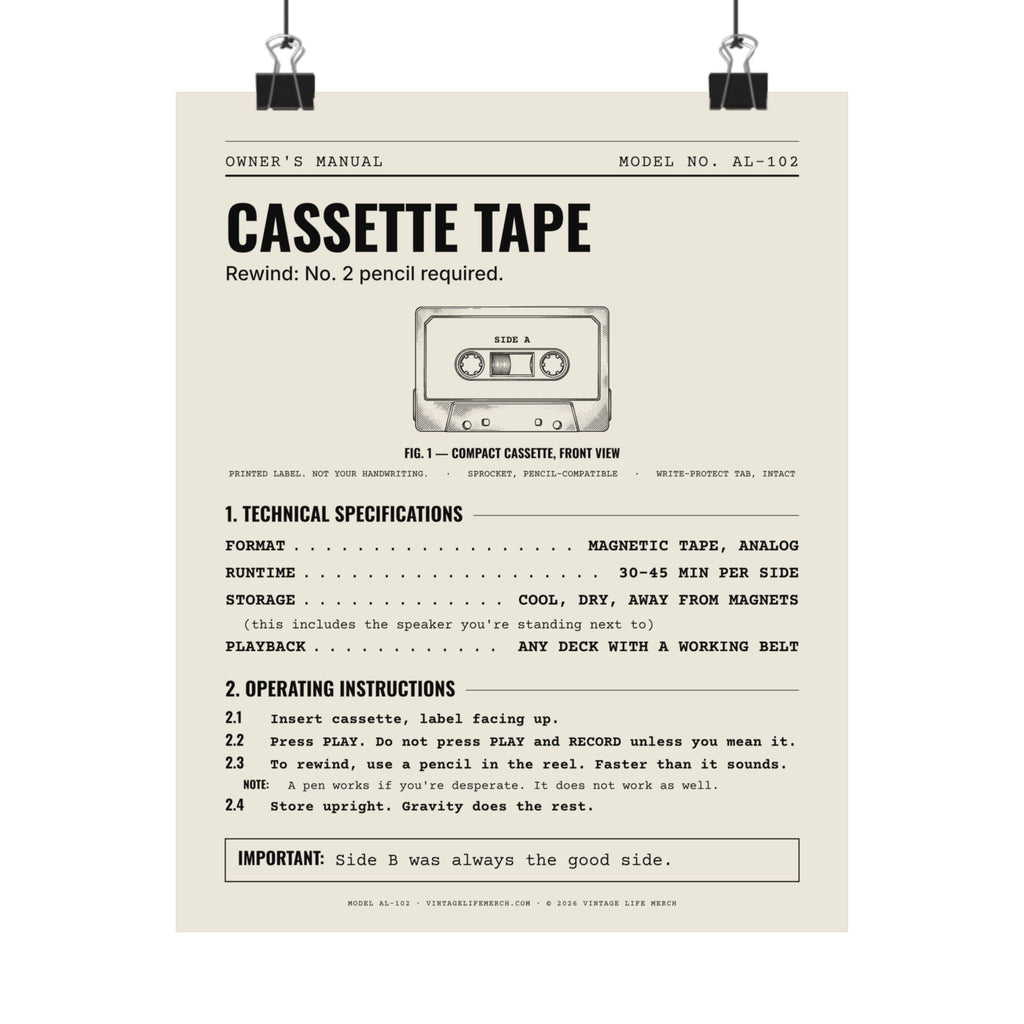 Cassette Tape Owner's Manual Poster | Retro Analog Life Wall Art in 8" x 10"