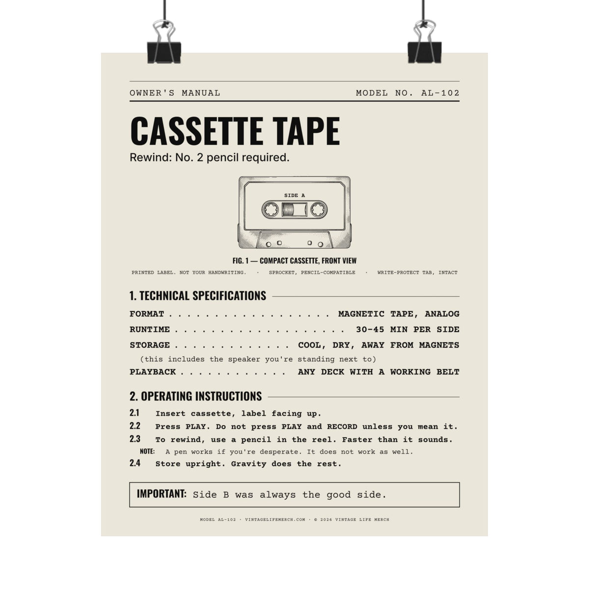 Cassette Tape Owner's Manual Poster | Retro Analog Life Wall Art in 8" x 10"