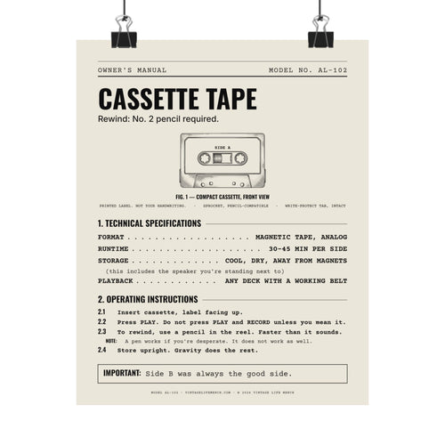 Cassette Tape Owner's Manual Poster | Retro Analog Life Wall Art in 8" x 10"