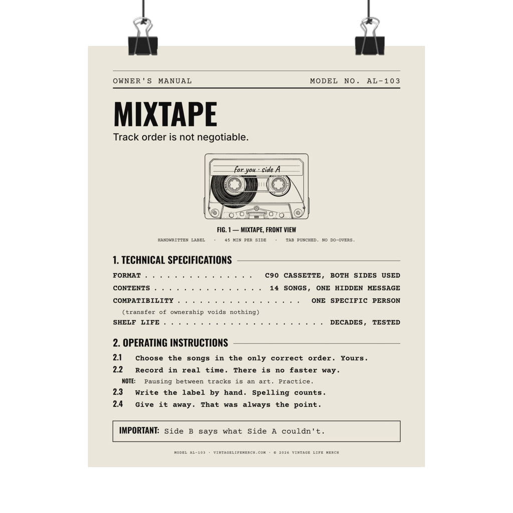 Mixtape Owner's Manual Poster | Retro Analog Life Wall Art in 8" x 10"