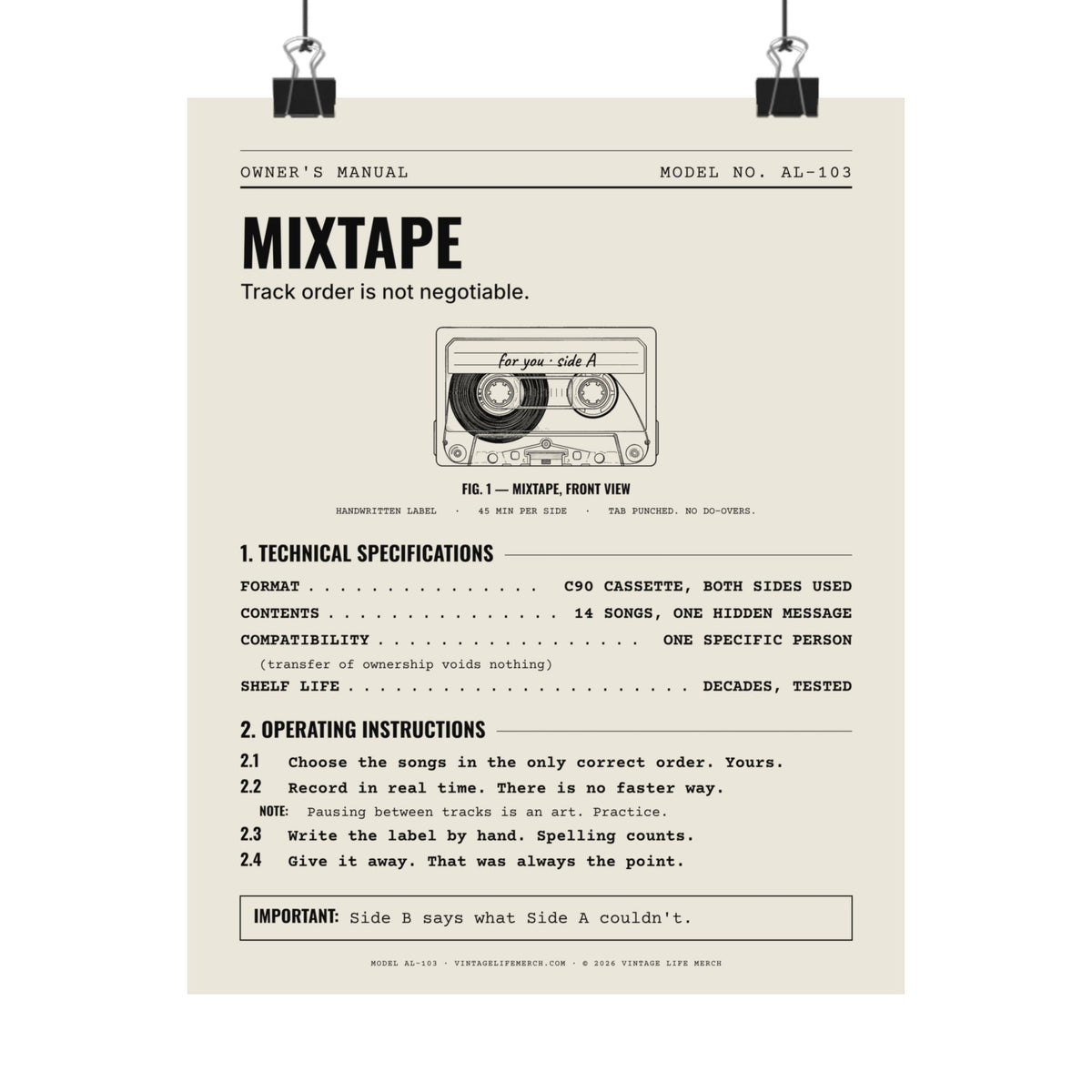 Mixtape Owner's Manual Poster | Retro Analog Life Wall Art in 8" x 10"