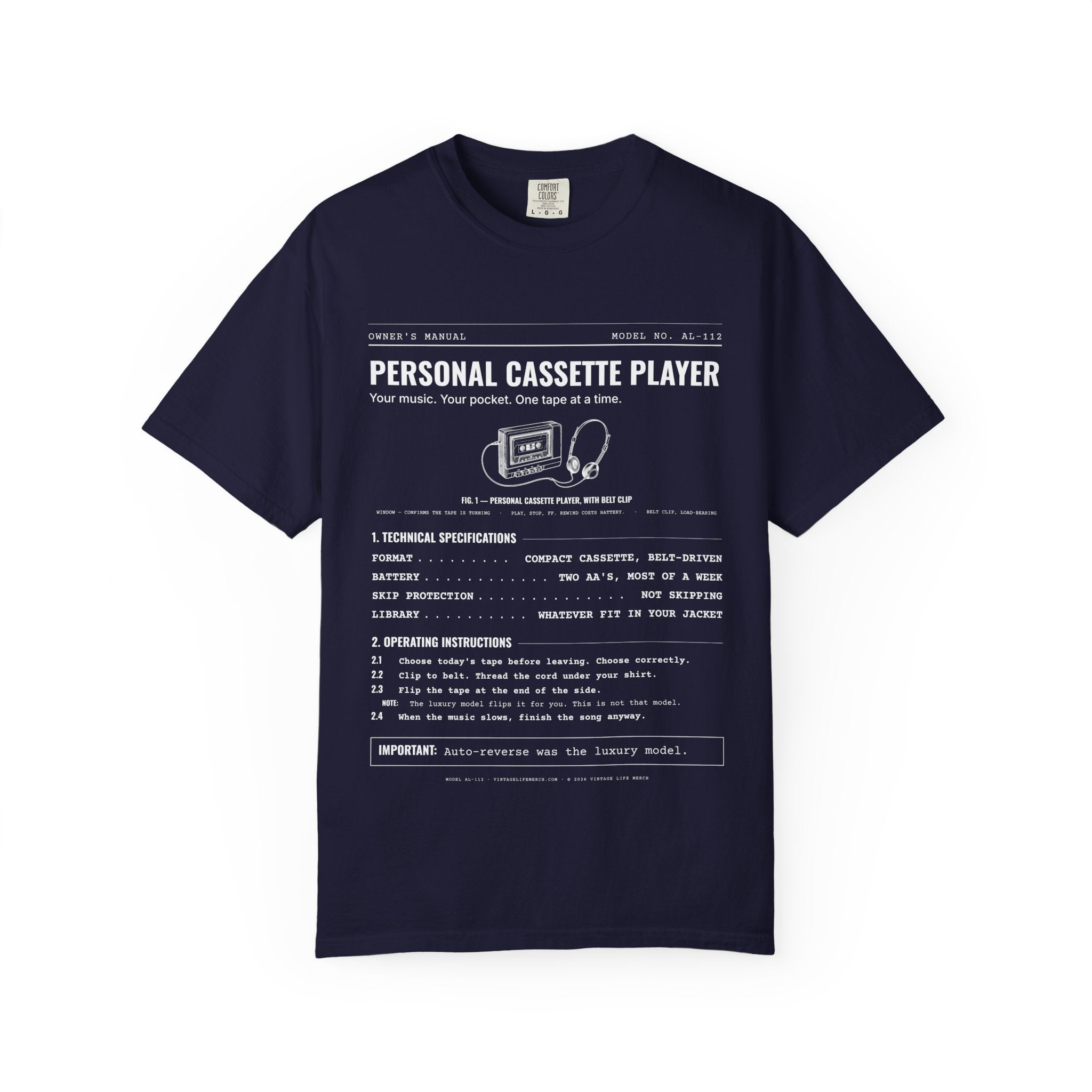 Personal Cassette Player Spec Sheet Shirt | Analog Life Vintage Tee in True Navy