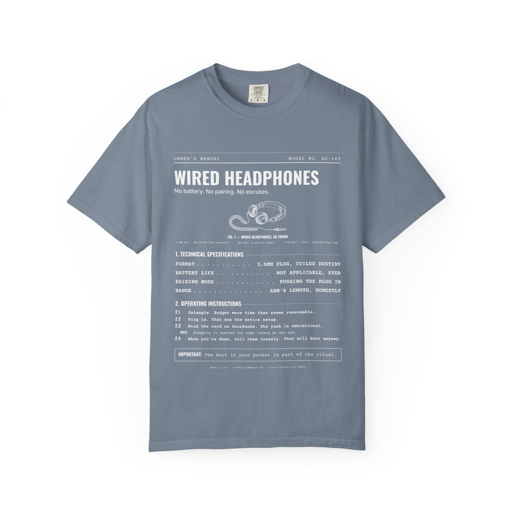 Wired Headphones Spec Sheet Shirt | Analog Life Vintage Tee in Blue Jean