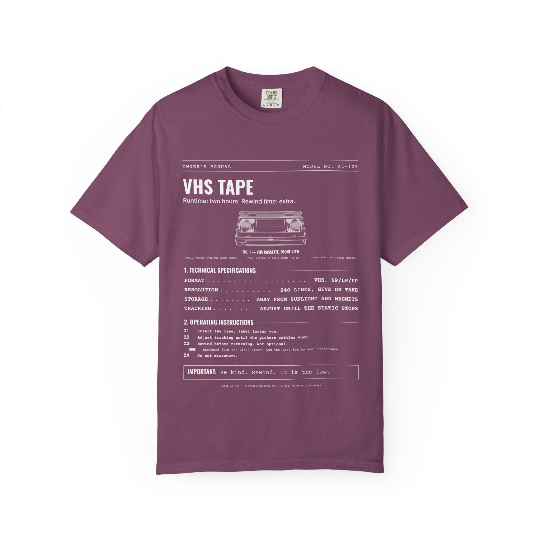 VHS Tape Spec Sheet Shirt | Analog Life Vintage Tee in Berry