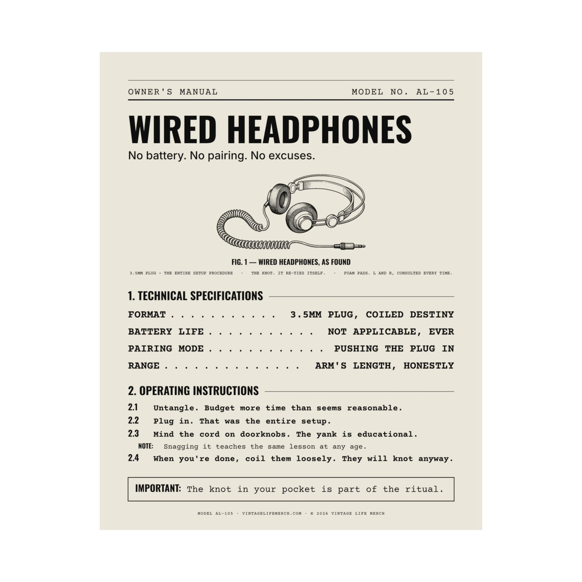 Wired Headphones Owner's Manual Poster | Retro Analog Life Wall Art