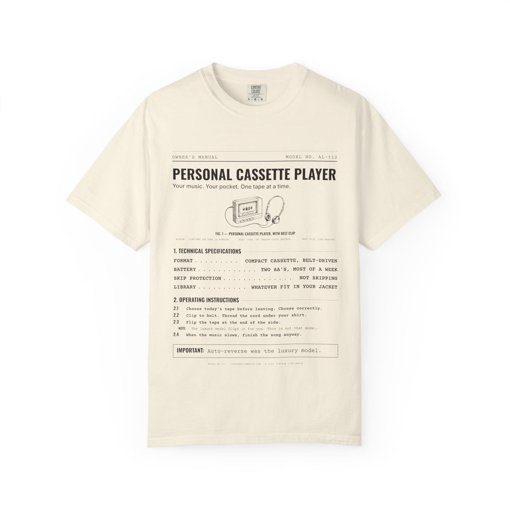 Personal Cassette Player Spec Sheet Shirt | Analog Life Vintage Tee in Ivory